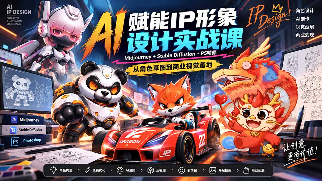 AI赋能IP形象设计实战课-无水印：Midjourney+Stable Diffusion+PS精修，从角色草图到商业视觉落地-LanTi云网创