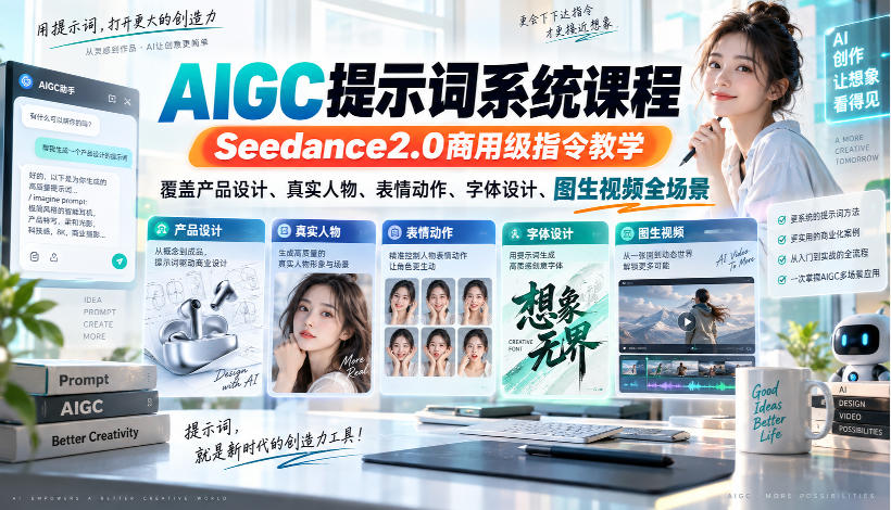 AIGC提示词系统课程，Seedance2.0商用级指令教学，覆盖产品设计、真实人物、表情动作、字体设计、图生视频全场景-LanTi云网创
