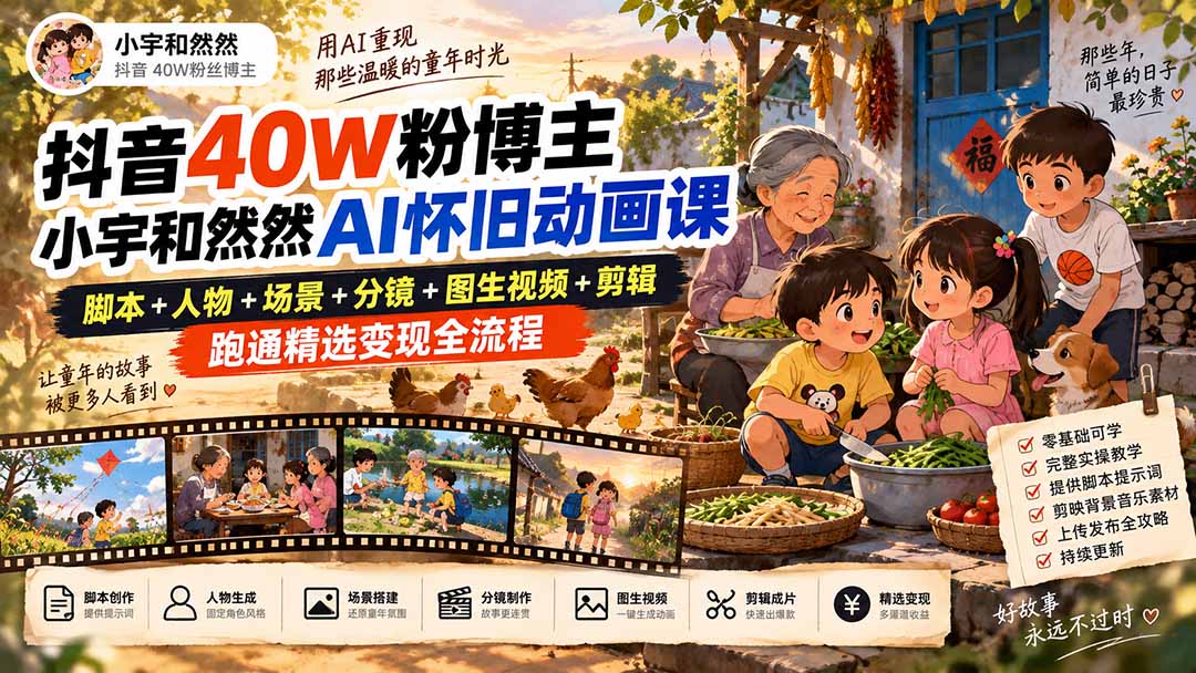 抖音40W粉博主小宇和然然AI怀旧动画课｜脚本+人物+场景+分镜+图生视频+剪辑，跑通精选变现全流程-LanTi云网创