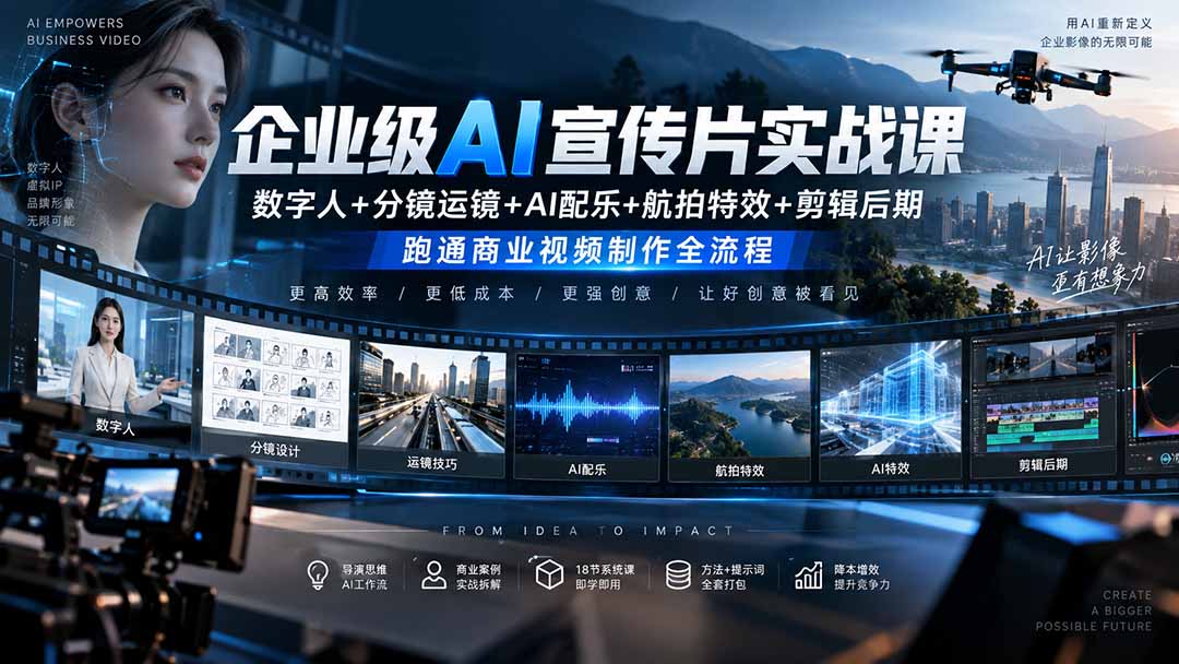 企业级AI宣传片实战课|数字人+分镜运镜+AI配乐+航拍特效+剪辑后期,跑通商业视频制作全流程-LanTi云网创