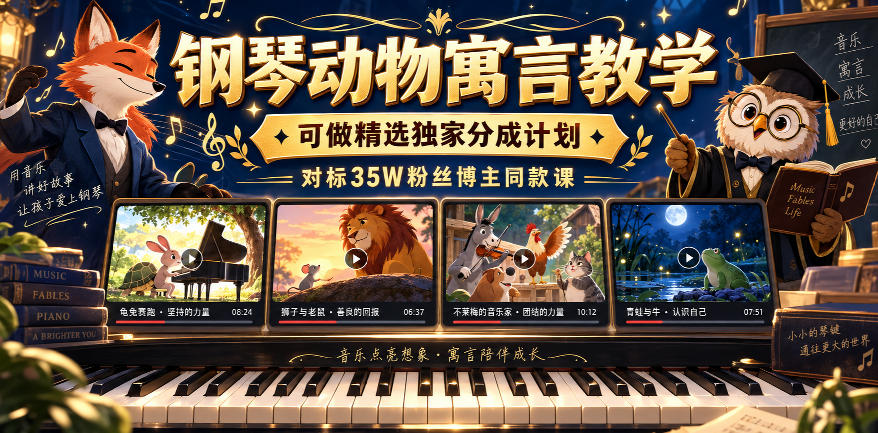 钢琴动物寓言教学，可做精选独家分成计划，对标35W粉丝博主同款课-LanTi云网创