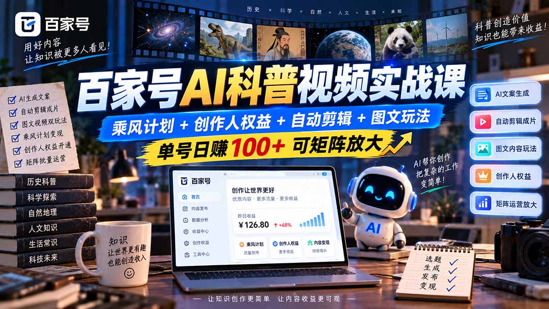 百家号AI科普视频实战课：乘风计划+创作人权益+自动剪辑+图文玩法，单号日赚100+可矩阵放大-LanTi云网创