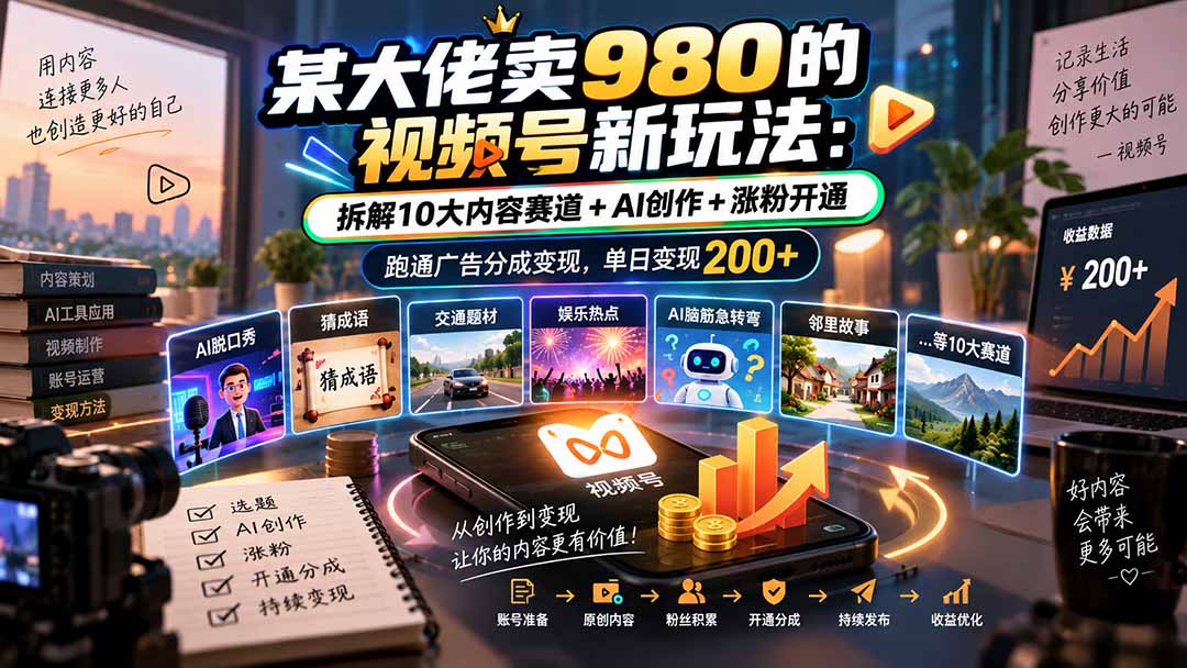 某大佬卖980的视频号新玩法：拆解10大内容赛道+AI创作+涨粉开通，跑通广告分成变现，单日变现200+-LanTi云网创