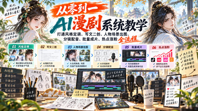从零到一AI漫剧系统教学，打通风格定调、写文二创、人物场景出图、分镜配音、批量成片、热点涨粉全流程-LanTi云网创