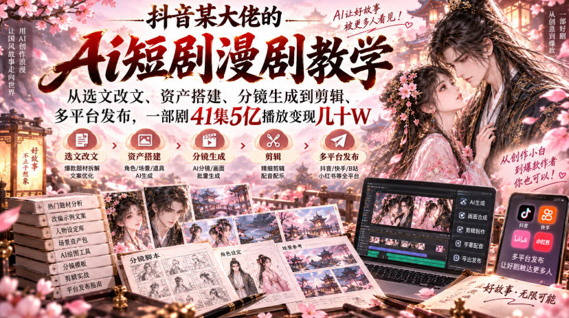 抖音某大佬的Ai短剧漫剧教学，从选文改文、资产搭建、分镜生成到剪辑、多平台发布，一部剧41集5亿播放变现几十W-LanTi云网创