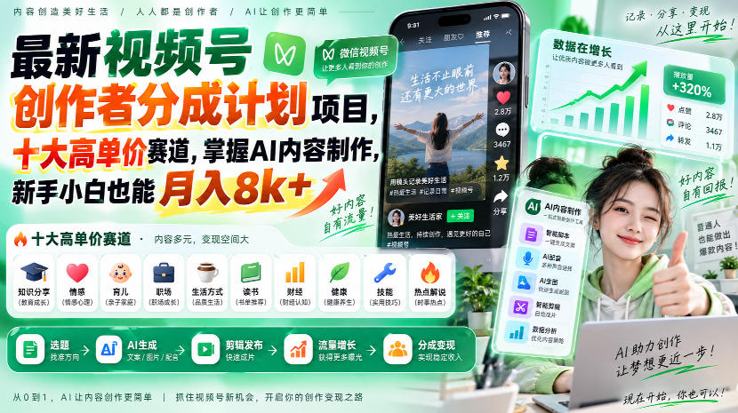 最新视频号创作者分成计划项目，十大高单价赛道，掌握AI内容制作，新手小白也能月入8k+-LanTi云网创