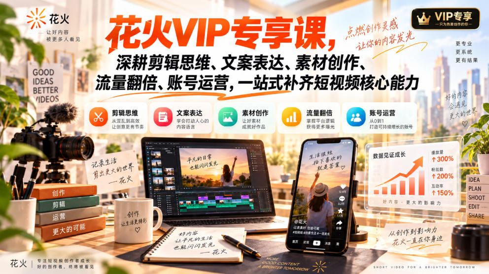 花火VIP专享课，深耕剪辑思维、文案表达、素材创作、流量翻倍、账号运营，一站式补齐短视频核心能力-LanTi云网创