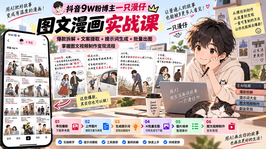 抖音9W粉博主一只漫仔图文漫画课：爆款拆解+文案提取+提示词生成+批量出图，掌握图文视频制作变现流程-LanTi云网创