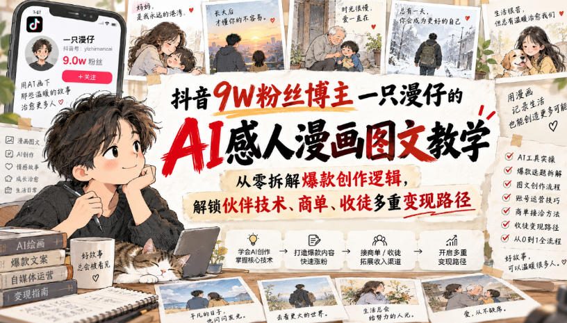 抖音9W粉丝博主一只漫仔的AI感人漫画图文教学，从零拆解爆款创作逻辑，解锁伙伴技术、商单、收徒多重变现路径-LanTi云网创