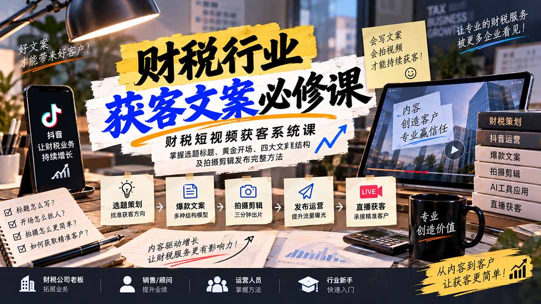 财税短视频获客系统课：掌握选题标题、黄金开场、四大文案结构及拍摄剪辑发布完整方法-LanTi云网创