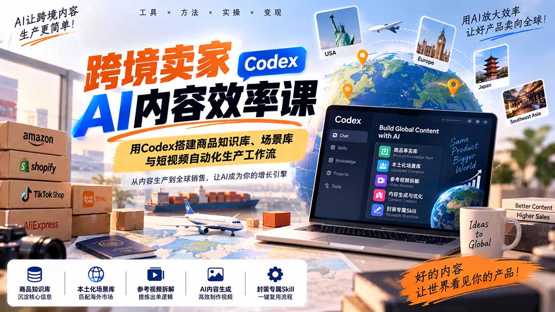 跨境卖家AI内容效率课：用Codex搭建商品知识库、场景库与短视频自动化生产工作流-LanTi云网创