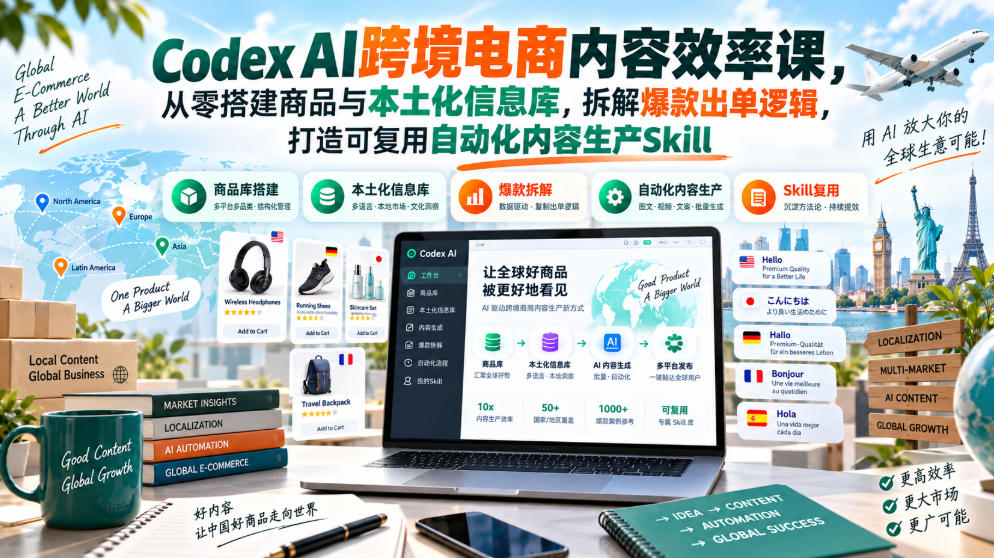 Codex AI跨境电商内容效率课，从零搭建商品与本土化信息库，拆解爆款出单逻辑，打造可复用自动化内容生产Skill-LanTi云网创