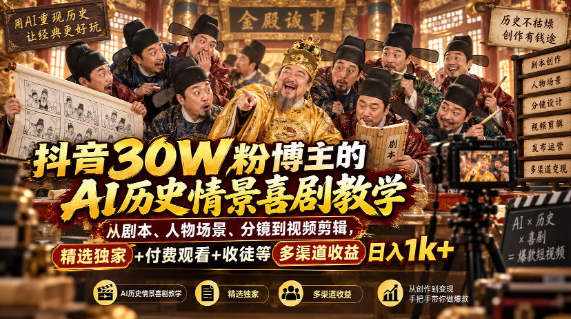 抖音30W粉博主的AI历史情景喜剧教学，从剧本、人物场景、分镜到视频剪辑，精选独家+付费观看+收徒等多渠道收益日入1k+-LanTi云网创