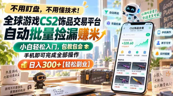 全球游戏CS2饰品交易平台自动批量捡漏賺米，小白轻松入门，包教包会，手机即可完成全部操作，日入300+【揭秘】-LanTi云网创