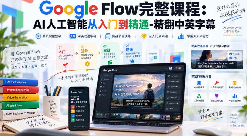 【无水印】Google Flow完整课程：AI人工智能从入门到精通-精翻中英字幕-LanTi云网创