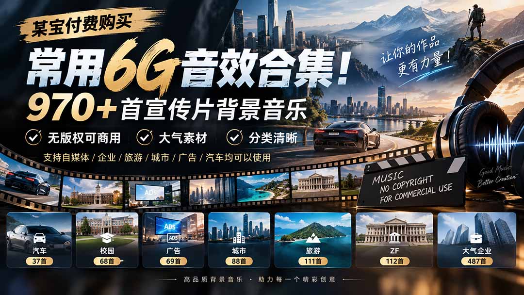 某宝付费购买，常用6G音效合集！970+首宣传片背景音乐，无版权可商用大气素材，分类清晰-LanTi云网创