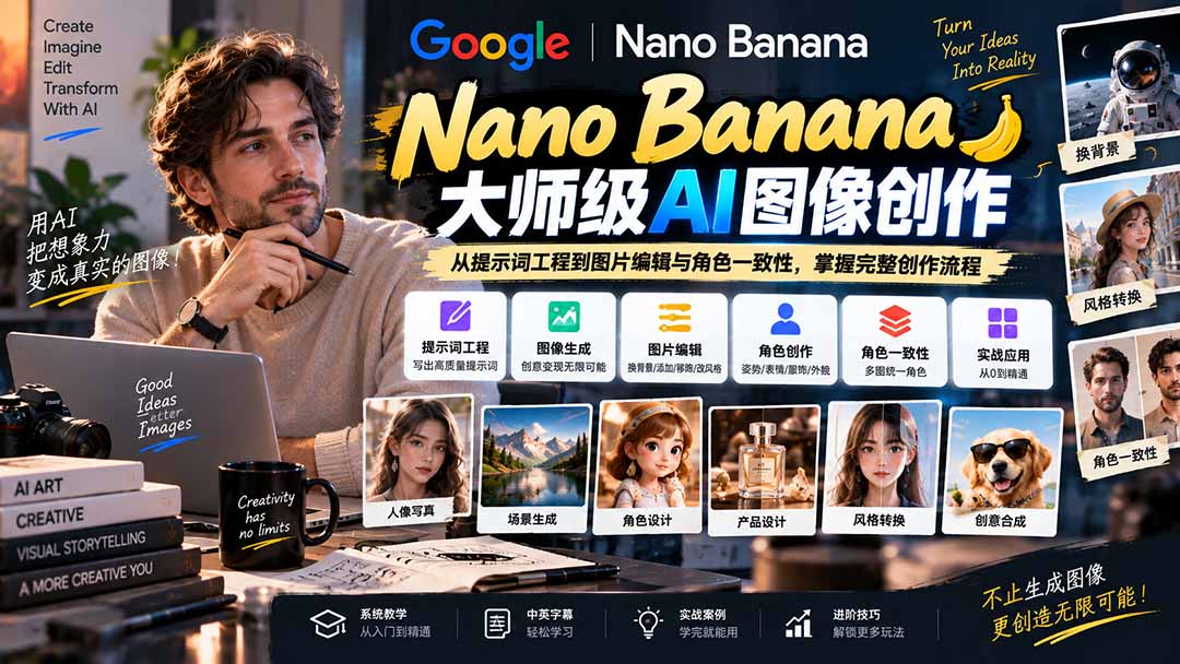 【无水印】Nano Banana大师级AI图像实战课：从提示词工程到图片编辑与角色一致性，掌握完整创作流程-LanTi云网创