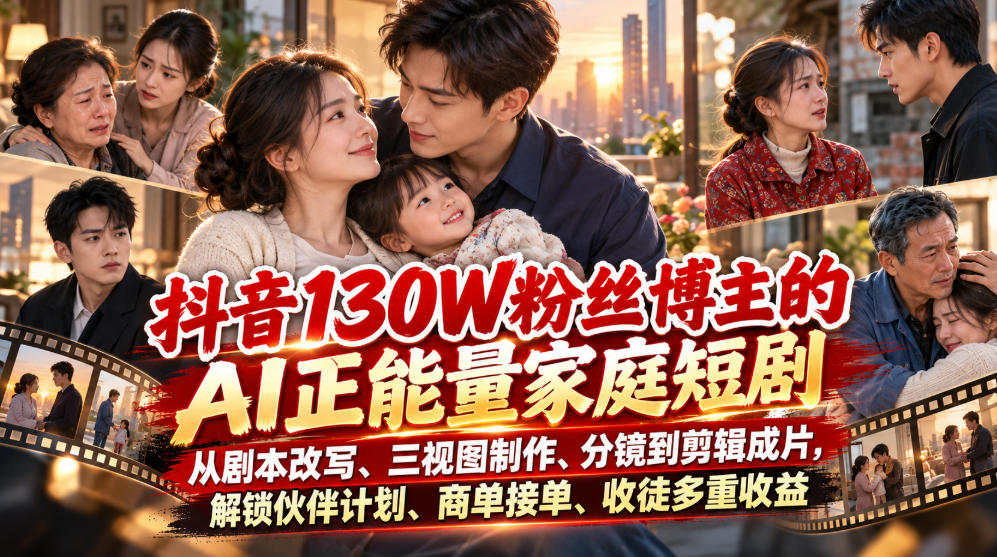 抖音130W粉丝博主的AI正能量家庭短剧，从剧本改写、三视图制作、分镜到剪辑成片，解锁伙伴计划、商单接单、收徒多重收益-LanTi云网创