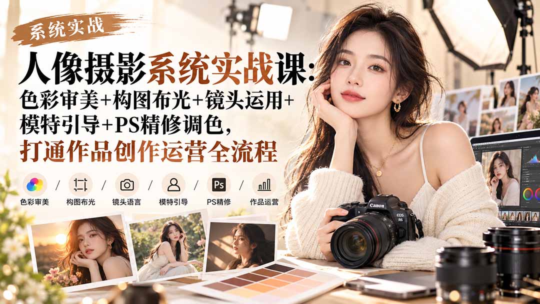 【无水印】人像摄影系统实战课：色彩审美+构图布光+镜头运用+模特引导+PS精修调色，打通作品创作运营全流程-LanTi云网创