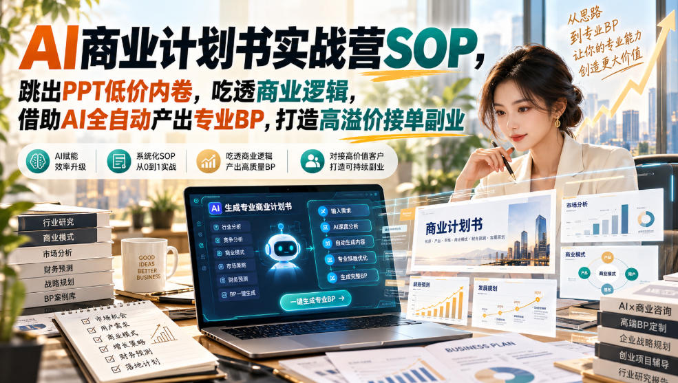 AI商业计划书实战营SOP，跳出PPT低价内卷，吃透商业逻辑，借助AI全自动产出专业BP，打造高溢价接单副业-LanTi云网创