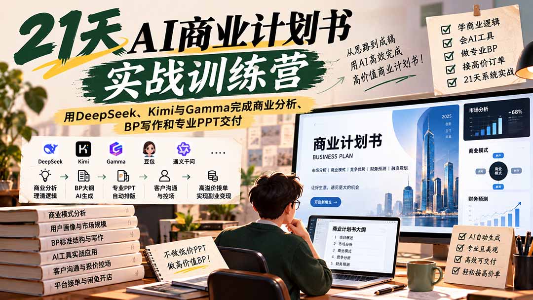【无水印】21天AI商业计划书实战训练营：用DeepSeek、Kimi与Gamma完成商业分析、BP写作和专业PPT交付-LanTi云网创