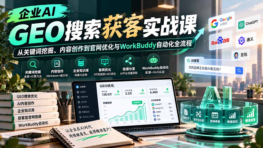 企业AI GEO搜索获客实战课：从关键词挖掘、内容创作到官网优化与WorkBuddy自动化全流程-LanTi云网创