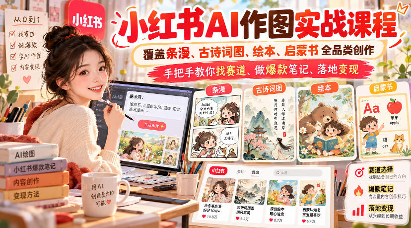 小红书AI作图实战课程，覆盖条漫、古诗词图、绘本、启蒙书全品类创作，手把手教你找赛道、做爆款笔记、落地变现-LanTi云网创