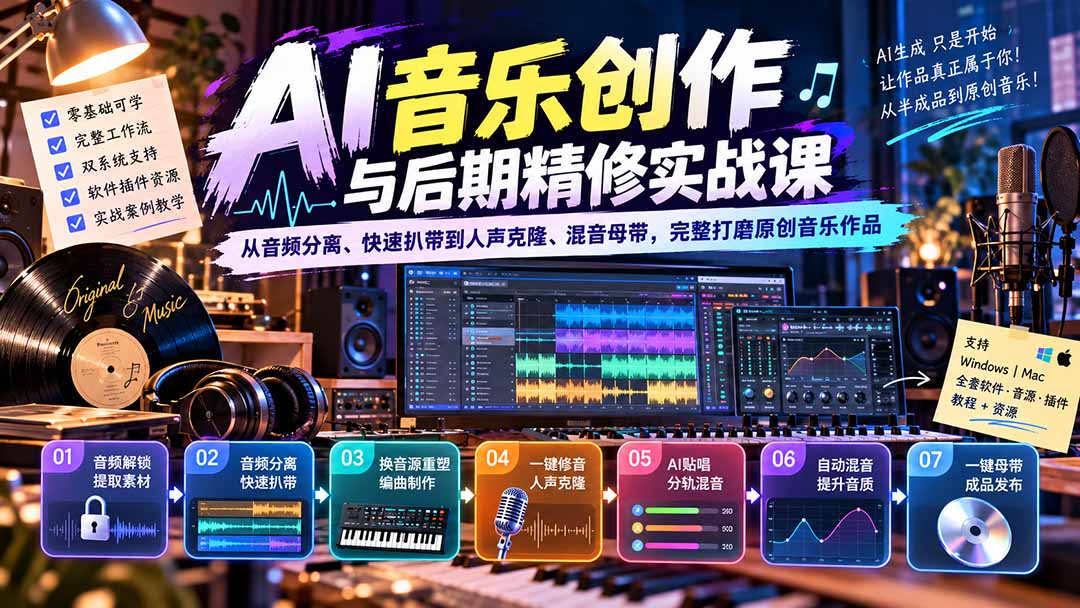AI音乐创作与后期精修实战课：从音频分离、快速扒带到人声克隆、混音母带，完整打磨原创音乐作品-LanTi云网创