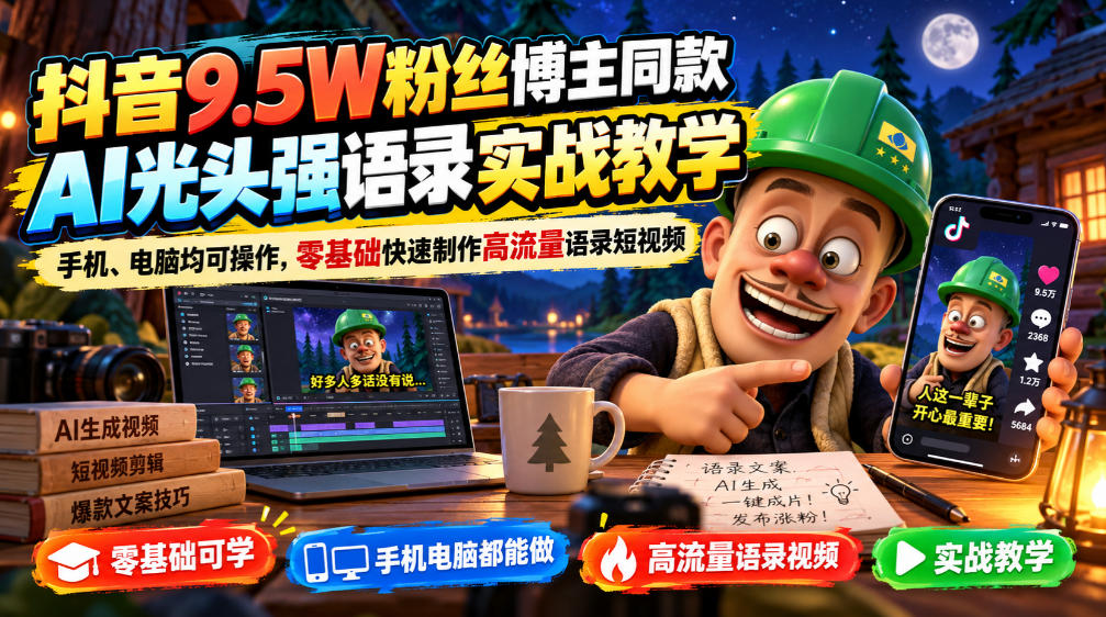 抖音9.5W粉丝博主同款AI光头强语录实战教学，手机、电脑均可操作，零基础快速制作高流量语录短视频-LanTi云网创