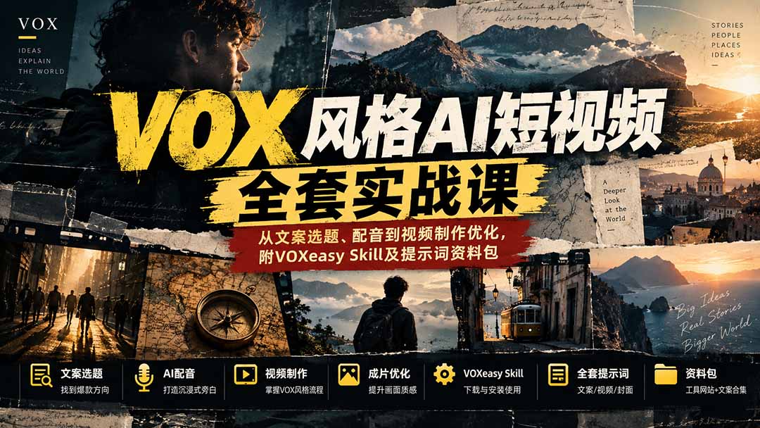 【无水印】VOX风格AI短视频全套实战课：从文案选题、配音到视频制作优化，附VOXeasy Skill及提示词资料包-LanTi云网创