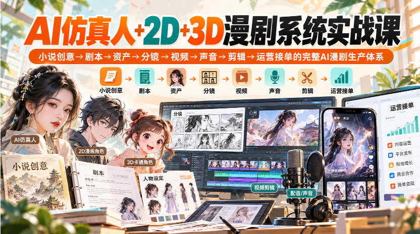 【无水印】AI仿真人+2D+3D漫剧系统实战课，小说创意→剧本→资产→分镜→视频→声音→剪辑→运营接单的完整AI漫剧生产体系-LanTi云网创