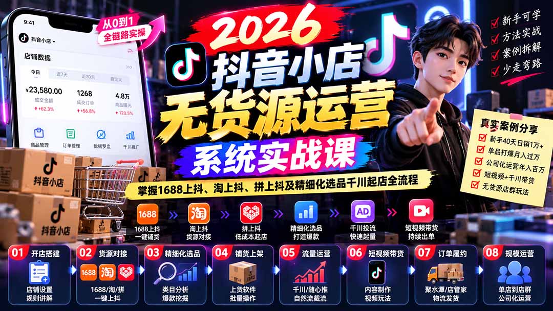 【无水印】2026抖音小店无货源运营系统实战课：掌握1688上抖、淘上抖、拼上抖及精细化选品千川起店全流程-LanTi云网创