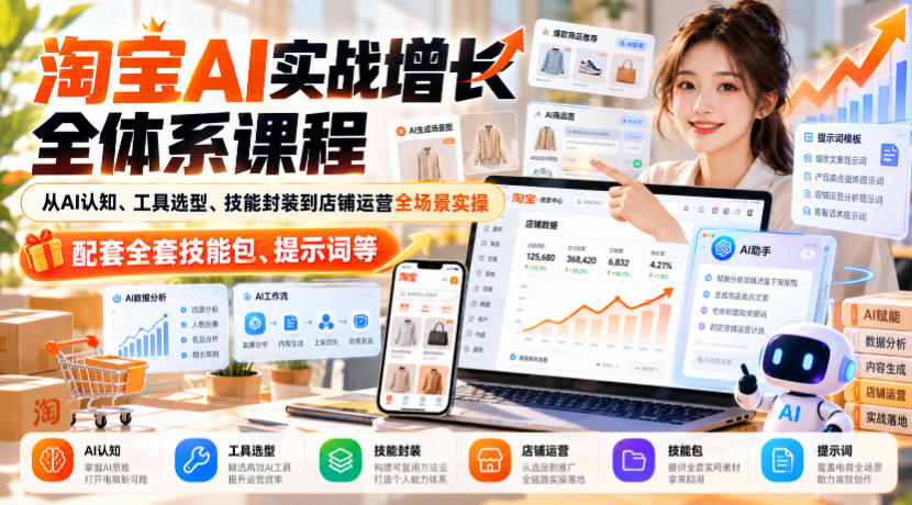 淘宝AI实战增长全体系课程，从AI认知、工具选型、技能封装到店铺运营全场景实操，配套全套技能包、提示词等-LanTi云网创