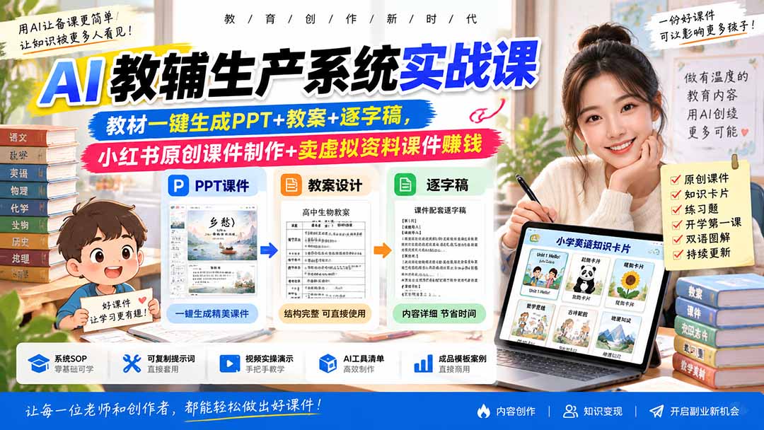 AI教辅生产系统实战课-更新0926｜教材一键生成PPT+教案+逐字稿，小红书原创课件制作+卖虚拟资料课件赚钱-LanTi云网创