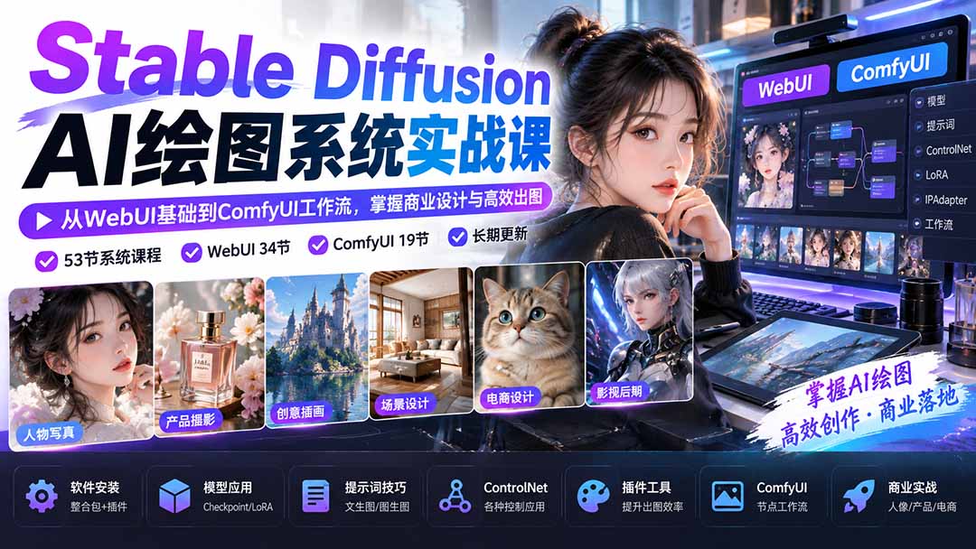 【无水印】Stable Diffusion AI绘图系统实战课：从WebUI基础到ComfyUI工作流，掌握商业设计与高效出图-LanTi云网创