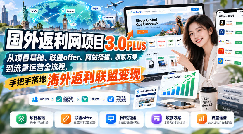 国外返利网项目3.0PLUS，从项目基础、联盟offer、网站搭建、收款方案到流量运营全流程，手把手落地海外返利联盟变现-LanTi云网创