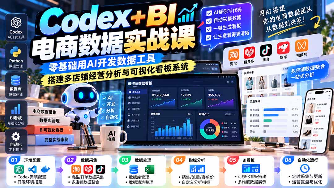 Codex+BI电商数据实战课：零基础用AI开发数据工具，搭建多店铺经营分析与可视化看板系统-LanTi云网创