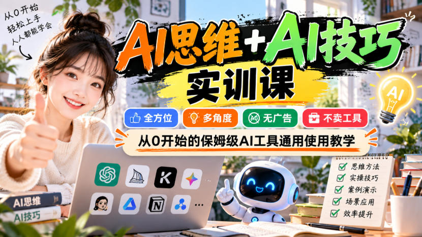 【无水印】AI思维+AI技巧实训课，全方位、多角度、无广告、不卖工具，从0开始的保姆级AI工具通用使用教学-LanTi云网创
