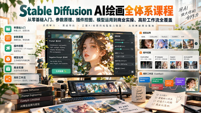 【无水印】Stable Diffusion AI绘画全体系课程，从零基础入门、参数原理、插件控图、模型运用到商业实操、高阶工作流全覆盖-LanTi云网创