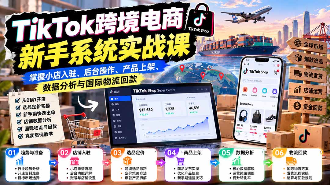 TikTok跨境电商新手系统实战课：掌握小店入驻、后台操作、产品上架、数据分析与国际物流回款-LanTi云网创