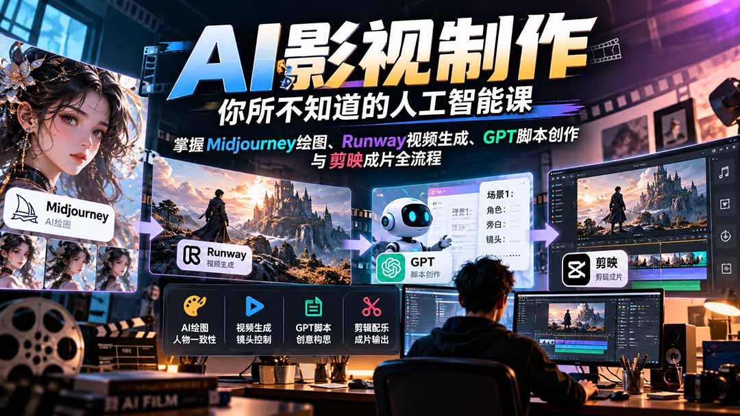 【无水印】AI影视制作-你所不知道的人工智能课，掌握Midjourney绘图、Runway视频生成、GPT脚本创作与剪映成片全流程-LanTi云网创