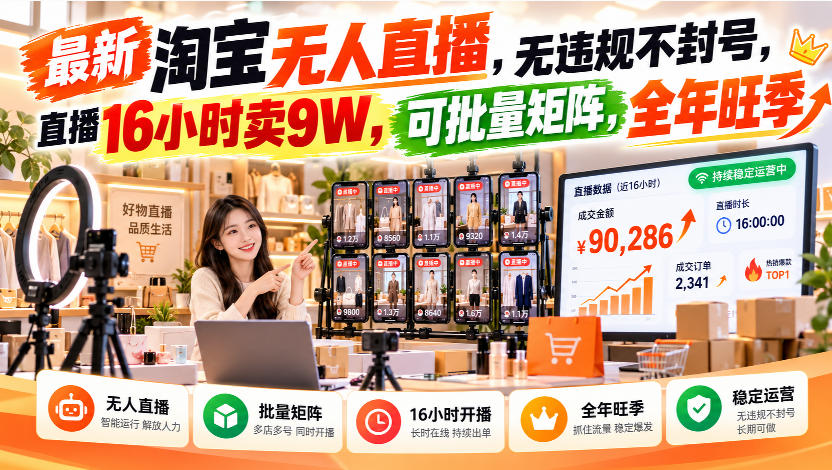 最新淘宝无人直播，无违规不封号，直播16小时卖9W，可批量矩阵，全年旺季【揭秘】-LanTi云网创
