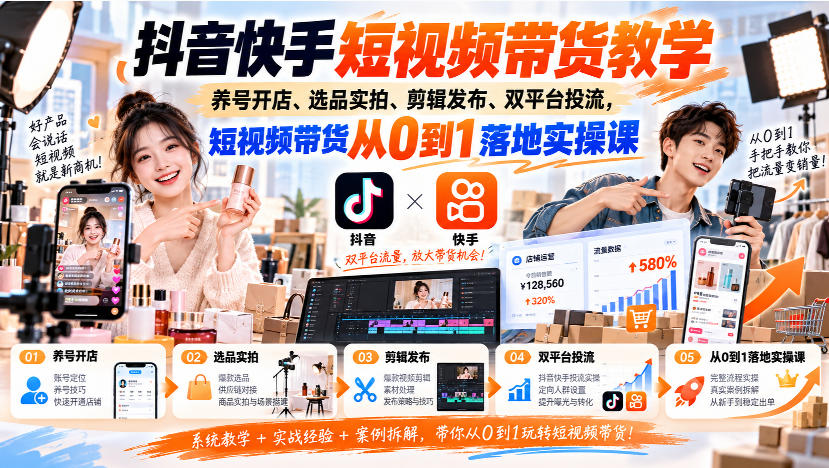 抖音快手短视频带货教学｜养号开店、选品实拍、剪辑发布、双平台投流，短视频带货从0到1落地实操课-LanTi云网创