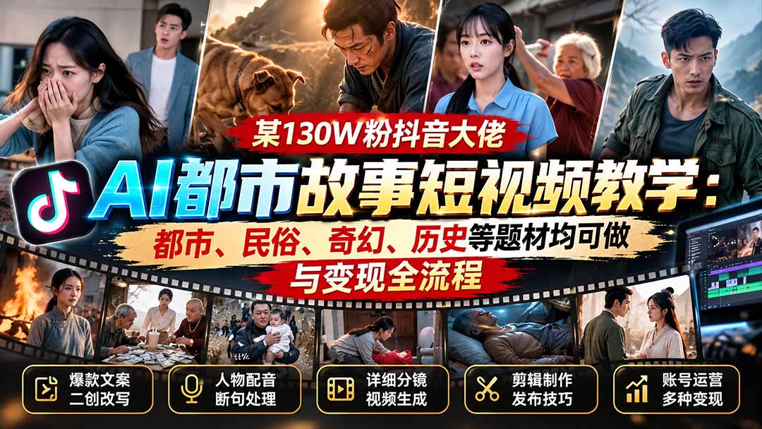 某130W粉抖音大佬AI都市故事短视频教学：都市、民俗、奇幻、历史等题材均可做与变现全流程-LanTi云网创
