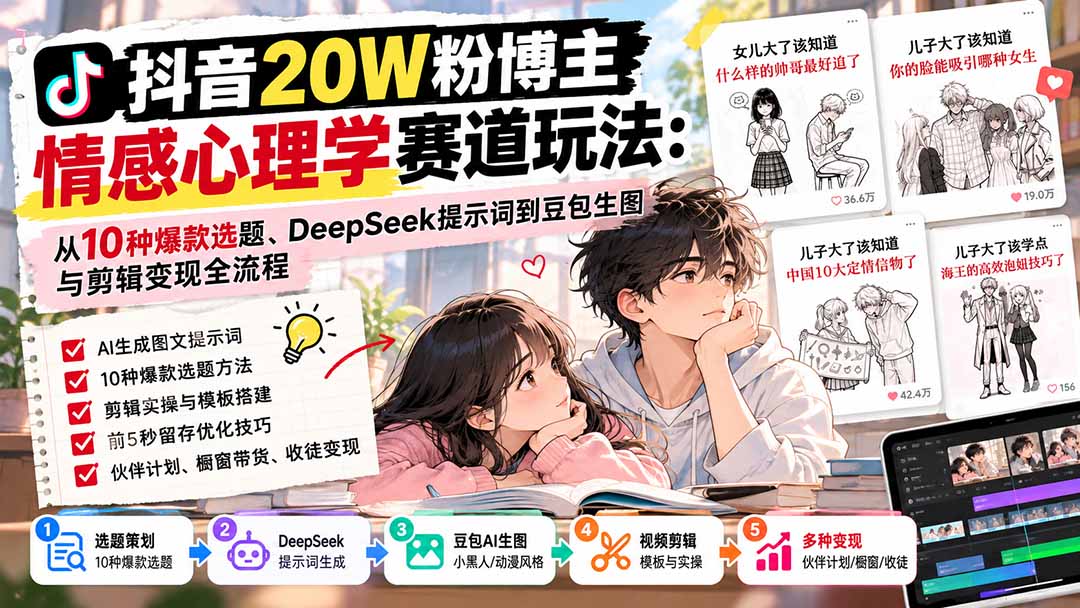 抖音20W粉博主-情感心理学赛道玩法：从10种爆款选题、DeepSeek提示词到豆包生图与剪辑变现全流程-LanTi云网创