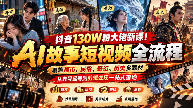 抖音130W粉大佬新课！AI故事短视频全流程，覆盖都市、民俗、奇幻、历史多题材，从养号起号到剪辑变现一站式落地-LanTi云网创