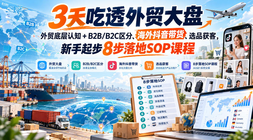 3天吃透外贸大盘，外贸底层认知+B2B/B2C区分、海外抖音带货、选品获客，新手起步8步落地SOP课程-LanTi云网创