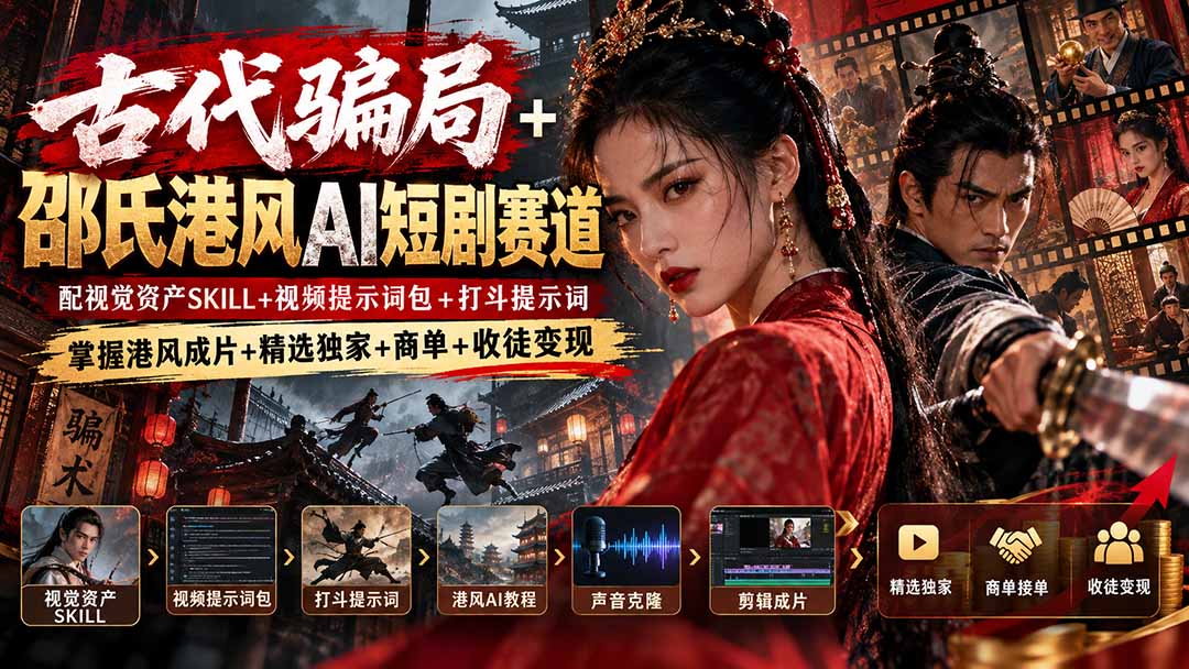 古代骗局+邵氏港风AI短剧赛道：配视觉资产SKILL+视频提示词包+打斗提示词，掌握港风成片+精选独家+商单+收徒变现-LanTi云网创