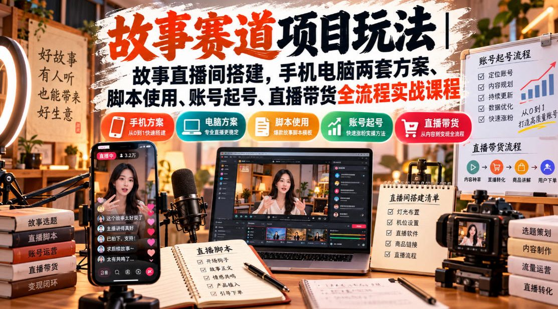 故事赛道项目玩法｜故事直播间搭建，手机电脑两套方案、脚本使用、账号起号、直播带货全流程实战课程-LanTi云网创