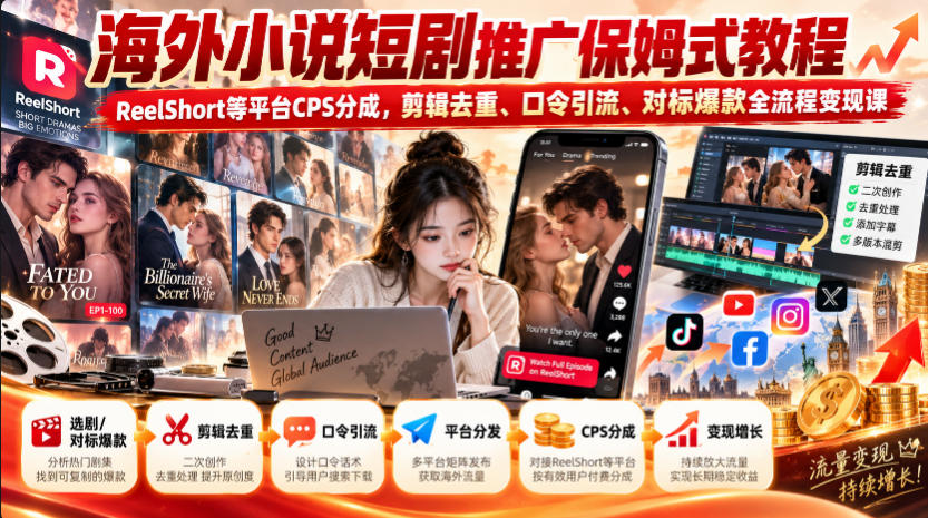 海外小说短剧推广保姆式教程｜ReelShort等平台CPS分成，剪辑去重、口令引流、对标爆款全流程变现课-LanTi云网创